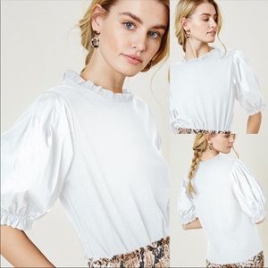 White Ribbed Puff Poplin Top